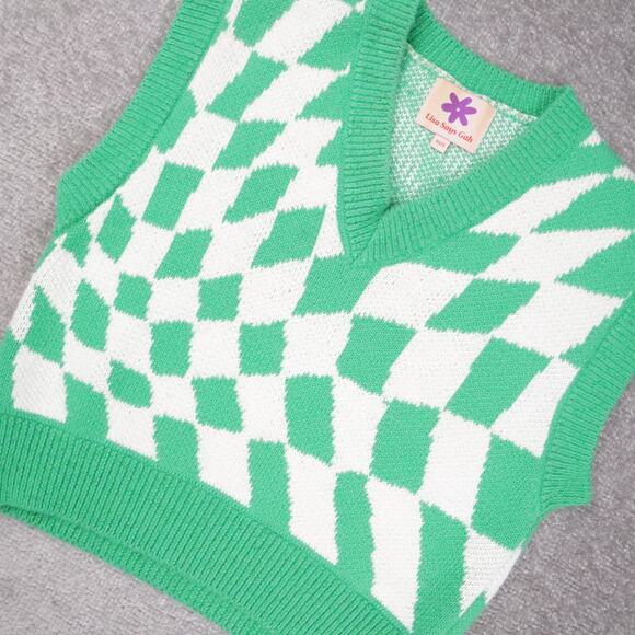 Womens Lisa Says Gah! XS/Small Green White Checkered Sleeveless Sweater Vest - Picture 6 of 8